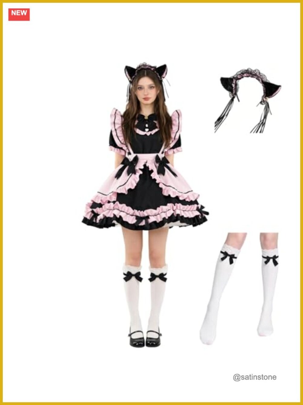 Maid Cosplay Costume with Cat Ear Headband, Bow Ties, Ruffled Dress & Apron Set
